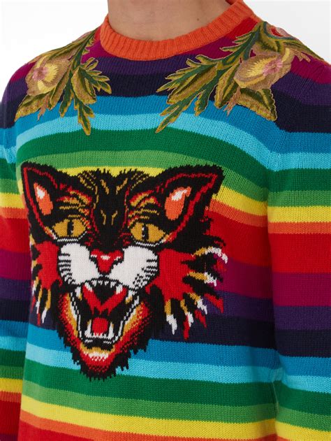 gucci angry cat rainbow sweater|Gucci wool cardigan.